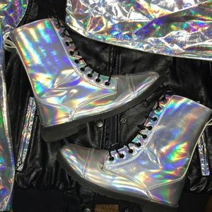 Holographic hologram metallic combat boots